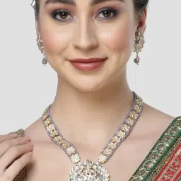 Karatcart Gold-Plated Grey Meena Kundan Ranihaar Necklace Set for Women-image-40
