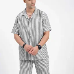 SHOWOFFFF White Cotton Relaxed Fit Striped Shirt with Shorts-image-45