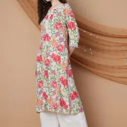 Melange By Lifestyle Off White Cotton Regular Fit Floral Print Kurta image 3