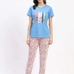 MADAME M Secret Blue Cotton Printed T-Shirt Pyjamas Set-image-14