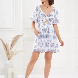 KASSUALLY Blue & White Floral Print A Line Dress-picture-35