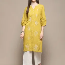 Biba Lime Green Floral Print Straight Kurta image 5