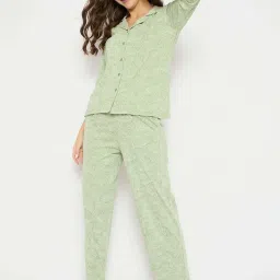 Clovia Green Cotton Regular Fit Floral Print Pyjama Set image 5