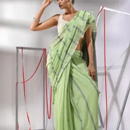 CHARUKRITI Pear Green Cotton Striped Saree With Unstitched Blouse-picture-23