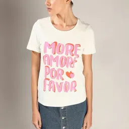 Vero Moda White & Pink Cotton Graphic Print T-Shirt-image-25