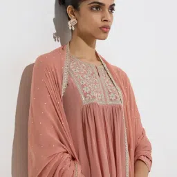 Vark by Westside Dusty Peach A-Line Kurta, Palazzos and Dupatta Set image 4