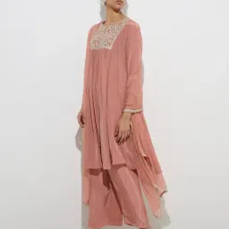 Vark by Westside Dusty Peach A-Line Kurta, Palazzos and Dupatta Set image 3