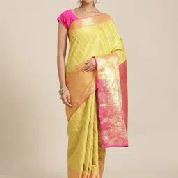 Silk Land Yellow & Pink Woven Saree With Unstitched Blouse-picture-10