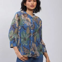 Label Ritu Kumar Blue Printed Shirt With Camisole-picture-8