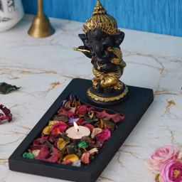 eCraftIndia Black & Golden Polyresin Baal Ganesha Showpiece & Fragnanced Petals and Tealight-picture-8