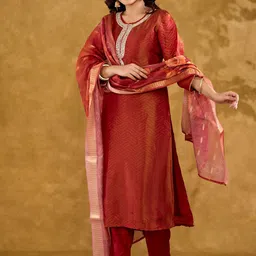 VASVI Embroidered Georgette Thread Work Round Neck Straight Kurta With Trousers & Dupatta-picture-37