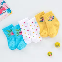 Cutewalk By Babyhug Anti Bacterial Ankle Length Non Terry Socks Floral Design Pack of 3 - White & Yellow-image-77