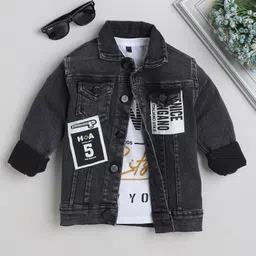 Ministitch Full Sleeves Patch Detailed Denim Jacket With Text Printed Tee - Black-picture-28