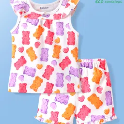 Babyoye 100% Cotton Knit Sleeveless Eco Jiva Finish Co-ords Shorts Night Suit with Bear & Hearts Print - White-picture-13