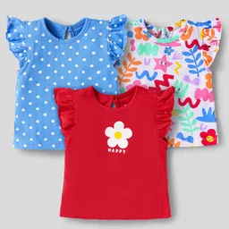 Babyhug Cotton Knit Frill Sleeves T-Shirts With Floral & Polka Dot Print Pack Of 3 - Red & Blue-picture-18