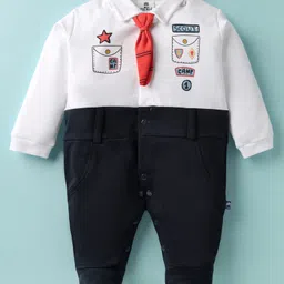 Mini Taurus Interlock Knit Full Sleeves Footed Romper with Tie & Print - Charcoal Navy Blue & White-picture-12