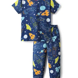 Babyhug Cotton Knit Half Sleeves Co-ords Night Suit With Space Theme Print - Navy Blue-picture-31