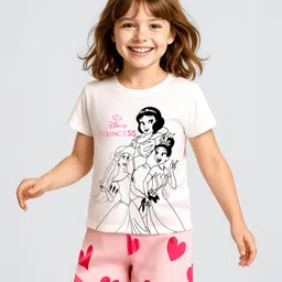 HoneyHap Disney Single Jersey Knit Half Sleeves Shorts Night Suit with Disney Princess Graphics - Pink & White-image-22