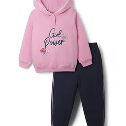 Babyhug Terry Knit Full Sleeves Hooded Top & Lounge Pant Set With Floral Patch & Sequin Detailing - Pink & Navy Blue-picture-33