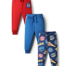 Babyhug Cotton Knit Full Length Lounge Pants With Sport Theme Text Print Pack of 3 - Red Blue & Navy Blue-picture-28
