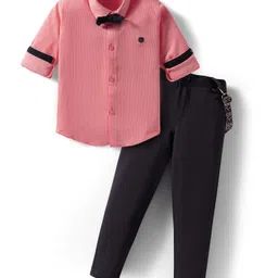 Rikidoos Full Sleeves Textured Shirt & Pant With Suspender & Bow Set - Pink & Dark Grey-picture-23