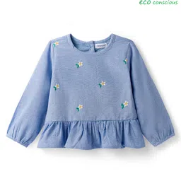 Babyoye Cotton Knit Full Sleeves Top With Floral Embroidery - Light Blue-image-32