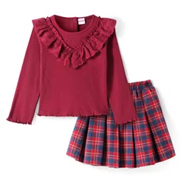 Babyhug Cotton Knit Full Sleeves Ribbed Top & Checkered Skirt Set - Maroon image 2