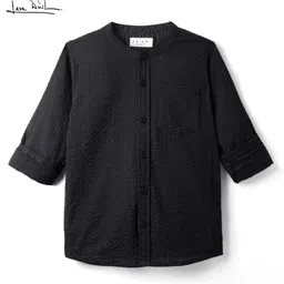 arias by lara dutta Arias 100% Cotton Woven Full Sleeves Mandarin Collar Shirt With Textured Design - Black image 2