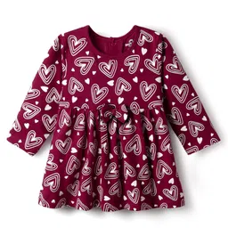 Doodle Poodle Cotton Knit Full Sleeves Frock With Heart Print & Bow Applique - Maroon image 2