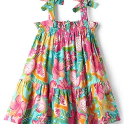 CrayonFlakes Rayon Woven Sleeveless Floral Printed A Line Dress - Green & Pink image 3