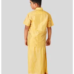 THANGAMAGAN Viscose Woven Half Sleeves Solid Shirt & Foil Striped Self Attaching Dhoti Set - Mustard image 3
