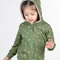 Babyhug Full Sleeves Front Open Sweatjacket With Hood Zipper & Frill Detailing Floral Print - Olive Green image 3