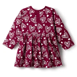 Doodle Poodle Cotton Knit Full Sleeves Frock With Heart Print & Bow Applique - Maroon image 3