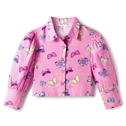 CrayonFlakes Rayon Knit Full Sleeves Butterfly Printed Top & Culotte Pant Set - Pink image 3