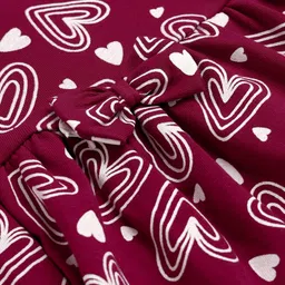 Doodle Poodle Cotton Knit Full Sleeves Frock With Heart Print & Bow Applique - Maroon image 4