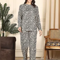 Kanvin Women Grey Abstract Printed Full Sleeves Night Suit-image-85