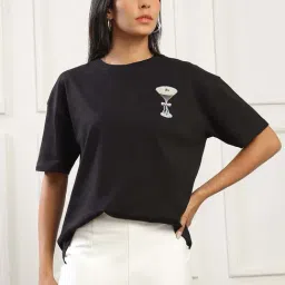 Globus Women Black Round Neck Drop Shoulder Sleeves Graphic Back Print Oversized T-Shirt-image-75