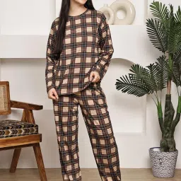 Kanvin Women Brown Checks Full Sleeves Night Suit-image-99