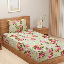 SWAYAM Vedda Green & Red Floral Printed Cotton 160 TC Single Bedsheet Set-image-19