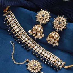 Aatmana Gold-Plated Blue & White Kundan Studded & Beaded Necklace Set-picture-24