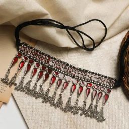 Teejh Bheena Red Silver Oxidized Choker Necklace-picture-32