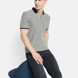 Octave White & Black Cotton Regular Fit Striped Polo T-Shirt image 5