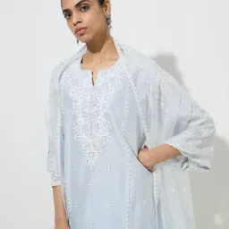 Vark by Westside Blue Cotton-Blend Kurta, Palazzos and Dupatta Set image 4