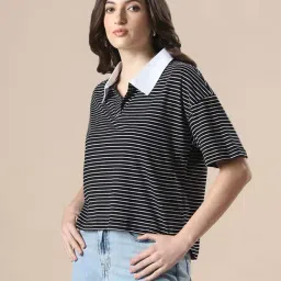 Globus Women White & Black Striped Collared Neck Short Sleeves Boxy Fit T-Shirt-picture-15