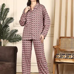 Kanvin Women Pink Geometric Full Sleeves Night Suit-image-59
