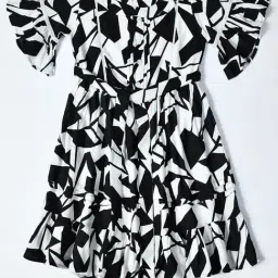 Bella Moda Girls Black Cotton Half Sleeves Abstract Printed Dress image 3