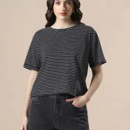 Globus Women White & Black Striped Round Neck Short Sleeves Boxy Fit T-Shirt-picture-40
