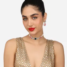 Zaveri Pearls Pink Green Stones Austrian Diamonds Multistrand Choker Necklace Earring Set-ZPFK17766 image 5