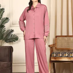 Kanvin Women Pink Solid Full Sleeves Night Suit-image-7