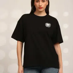 Globus Women Black Back Graphic Print Round Neck Drop Shoulder Sleeves Oversized T-Shirt-image-74